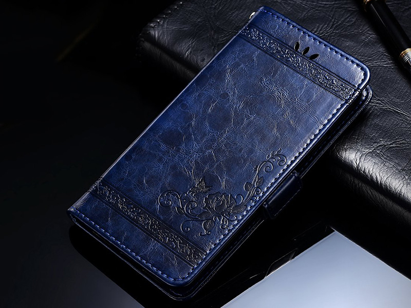 Винтажный кожаный чехол-бумажник синий