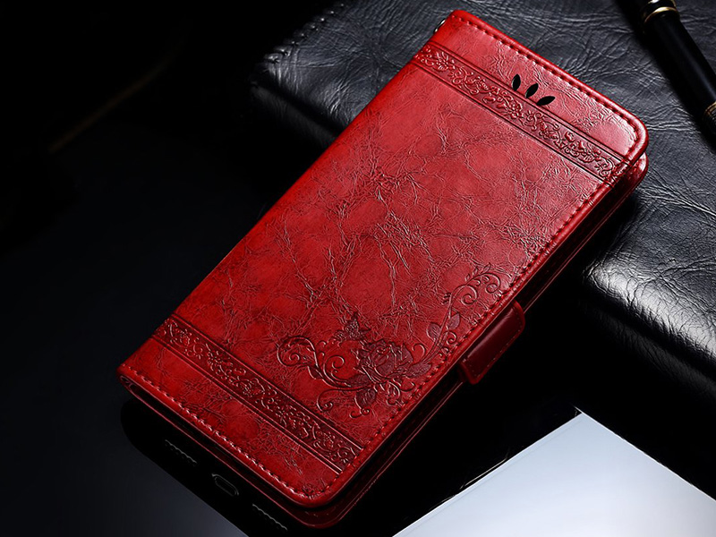 Винтажный кожаный чехол-бумажник красный