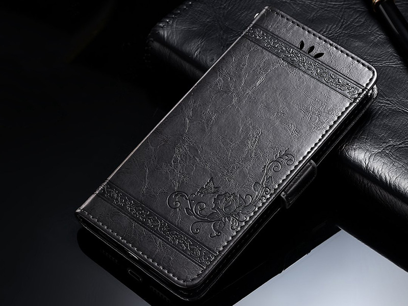 Винтажный кожаный чехол-бумажник черный