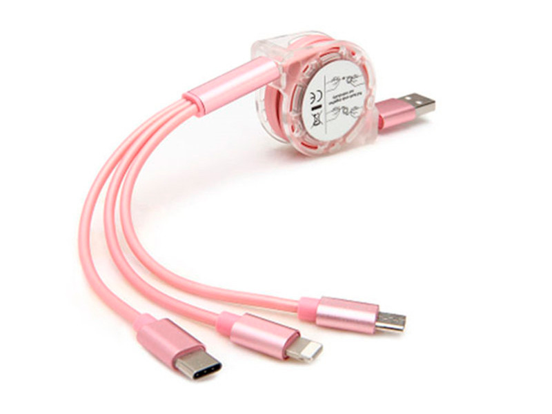 Выдвижной кабель на три типа разъемов розовый